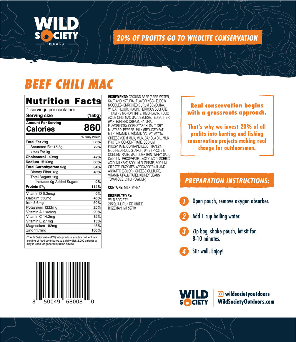 Wild Society - Beef Chili Mac Freeze Dried Meal - Nutrition Facts